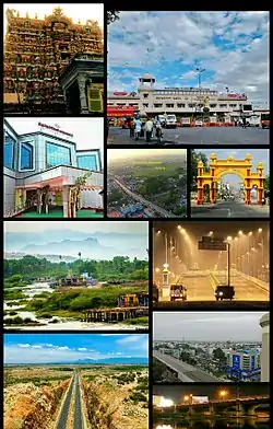 Clockwise from Top Left : Swami Nellaiappar Temple, Tirunelveli Junction Railway Station, Thiruvalluvar Bridge – Aerial view, Town Arch, Speaker Chellapandian Flyover near Vannarapettai at night, Tirunelveli City Skyline, Older side of Sulochana Mudaliar Bridge at night across river Thamirabharani connecting Downtown Tirunelveli and Kokkirakulam, NH 44 cutting through the Reddiyarpatti Hillock, Thamirabarani River passing between Downtown Tirunelveli and Kokkirakulam, Tirunelveli City Municipal Corporation Building