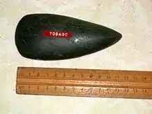 Image 16Green stone ceremonial axe. From shell midden, Mt Irvine Bay, Tobago, 1957 (from History of Trinidad and Tobago)