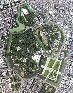 An aerial photograph of Imperial Palace of Japan. (Kohkyo) in Chiyoda-ku, Tokyo, Japan.