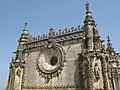 The elaborate pinnacles over the western facade of the church