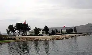 View of the building complex of the Tomb of Suleyman Shah (its second location, 1973 – February 2015), seen from the Euphrates river.