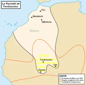 Map of the Pashalik of Timbuktu (yellow-striped) as part of the Saadi dynasty of Morocco (outlined black) within the Songhai Empire (outlined red), c. 1591