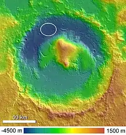 Gale crater with Aeolis Mons rising from the center. Curiosity's landing area (marked) is in Aeolis Palus.