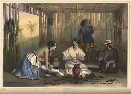 Las Tortilleras (The Tortilla Makers). Hand-colored lithograph, Mexico, early 19th century