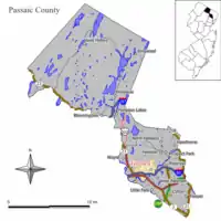 Map of Totowa in Passaic County. Inset: Location of Passaic County highlighted in the State of New Jersey.