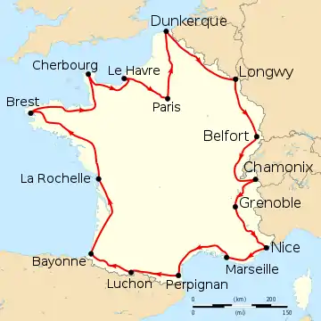 Map of France with the route of the 1912 Tour de France on it, showing that the race started in Paris, went clockwise through France and ended in Paris after fifteen stages.