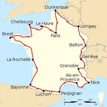 Map of France with the route of the 1913 Tour de France on it, showing that the race started in Paris, went clockwise through France and ended in Paris after fifteen stages.