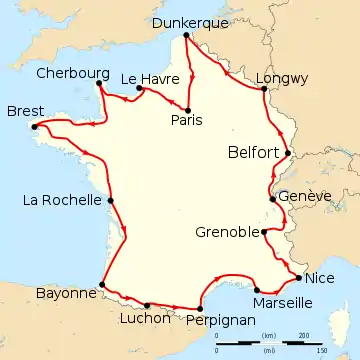 Map of France with the route of the 1914 Tour de France on it, showing that the race started in Paris, went clockwise through France and ended in Paris after fifteen stages.