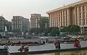 Trade Unions' Building and Independence Square, September 1991, just weeks after the August Coup and before Ukrainian independence. Note the hammer and sickle emblem on the building.