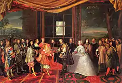 Image 20Louis XIV of France and Philip IV of Spain at the Meeting on the Isle of Pheasants in June 1660, part of the process to put an end to the Franco-Spanish War (1635–59). (from History of Spain)