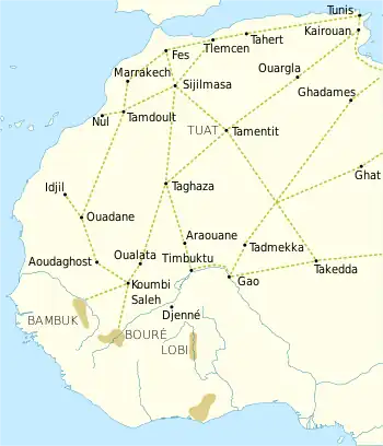 Trade routes of the western Saharan Desert c. 1000 – 1500 Goldfields are indicated by light brown shading.