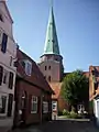 Ancient houses and the tower of St Lorenz Church