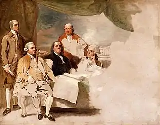 Image 16Treaty of Paris, by Benjamin West (1783), an unfinished painting of the American diplomatic negotiators of the Treaty of Paris which brought official conclusion to the Revolutionary War and gave possession of Michigan and other territory to the new United States (from Michigan)