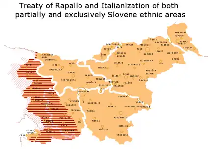 Image 10The annexed western quarter of Slovene ethnic territory, and approximately 327,000 out of the total population of 1.3 million Slovenes, were subjected to forced Fascist Italianization. On the map of present-day Slovenia with its traditional regions' boundaries. (from History of Slovenia)