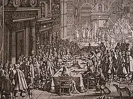 Painting by Erik Dahlbergh showing the peace banquet at Frederiksborg Castle following the signing of the Treaty of Roskilde in 1658.