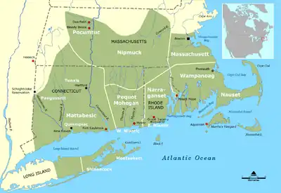 Image 21Map of southern New England indicating approximate ranges of Native American tribes circa 1600. Massachusetts is named after the Massachusett tribe. (from History of Massachusetts)