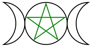 A green pentagram circumscribed in black in center with a waxing crescent moon on the left and waning crescent moon on the right.