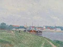 Trois Péniches Amarées aux Abords d'une Ville Industrielle, c. 1886