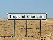 A sign marking the Tropic of Capricorn as it passes through Namibia