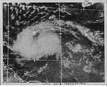 Satellite image of a large area of clouds to the east of the Lesser Antilles