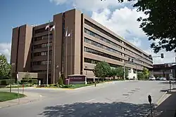 A large, six-story brick building