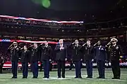 President Donald J. Trump participates in on field ceremonies at the 2018 College Football Playoff National Championship between the University of Alabama Crimson Tide and the University of Georgia Bulldogs