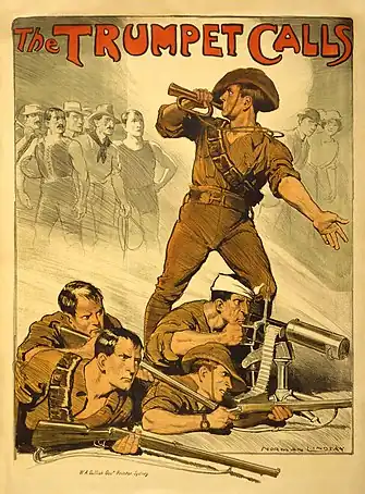 Image 1History of the Australian ArmyArtist: Norman Lindsay"The Trumpet Calls", a recruitment poster for the Australian Army in World War I. When the United Kingdom declared war on Germany, Australia followed without hesitation. This was considered to be expected by the Australian public, because of the very large number of British-born citizens and first generation Anglo-Australians at the time. A total of 331,814 Australians were sent overseas to serve as part of the Australian Imperial Force with a casualty rate (killed or wounded) of 64%.More featured pictures