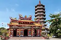 Fu, Lu and Shou statues on the roof of Ling San Temple, a Chinese folk religion's temple in Tuaran, Sabah, Malaysia