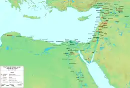 Geophysical map of the Eastern Mediterranean, with cities marked in black and provinces in red