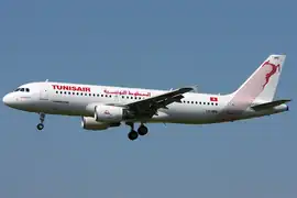 A Tunisair Airbus A320-200 on short final to Zurich Airport in 2011.