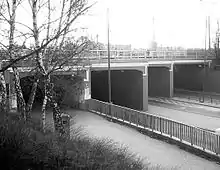 A black-and-white photo of the tunnels near the Warsaw West railroad station, central to the conspiracy theory related to the operation of a gas chamber supposedly used to exterminate some 200,000 non-Jewish Poles