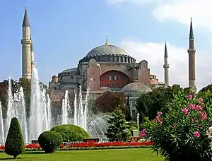 Image 44Originally a church, later a mosque, and now  a Grand mosque, the Hagia Sophia in Istanbul was built by the Byzantines in the 6th century. (from History of Turkey)