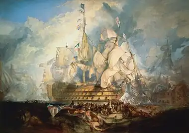 Image 15The Battle of Trafalgar is an oil painting executed in 1822 by J. M. W. Turner (c.1775–1851). The experience of military, political and economic power from the rise of the British Empire led to a very specific drive in artistic technique, taste and sensibility in the United Kingdom. (from Culture of the United Kingdom)