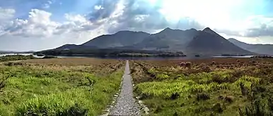 Looking west over Lough Inagh to Derryclare and Bencorr–Bencorr North Top, and the two Log an Choire corries