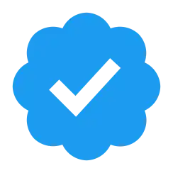 Blue eight-lobed badge with checkmark icon