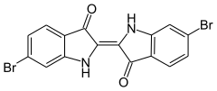 Structural formula of murex-based tyrian purple, the red-purple dye present in tekhelet indigo before explosure to sunlight. (note the two bromides: in marine environments, sodium bromide is abundant.  It is far less abundant in terrestrial environments)