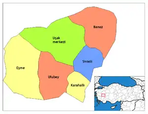 Map showing the districts of Uşak Province