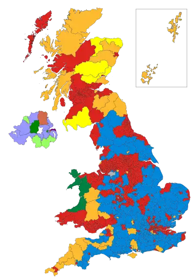 A map of Great Britain and Northern Ireland, in which each parliamentary constituency is shaded a different colour.