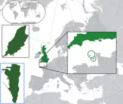 The UK (centre) and Crown Dependencies - Isle of Man (top left), Bailiwicks of Guernsey and Jersey (middle right), and British Overseas Territory - Gibraltar (bottom left)