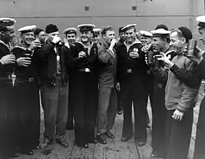 US and Soviet sailors and seamen celebrating together V-J Day on August 14, 1945