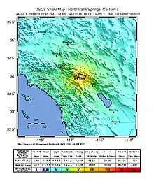 Map of the epicenter region showing varying shaking intensities