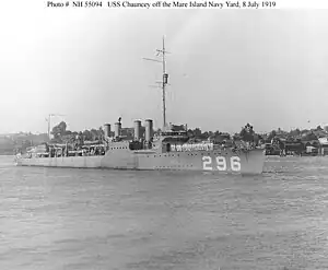 USS Chauncey (Destroyer # 296) Off the Mare Island Navy Yard, 8 July 1919.