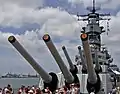 The unadorned tampions of the 16-inch guns on the US battleship, USS Missouri in 2002