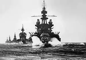 USS Pennsylvania (BB-38) leading USS Colorado (BB-45) and USS Louisville (CA-28) to Lingayen.