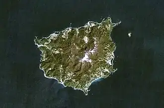 A satellite image (facing north) of Ulleungdo. The small island to the northeast of Ulleungdo is Jukdo.