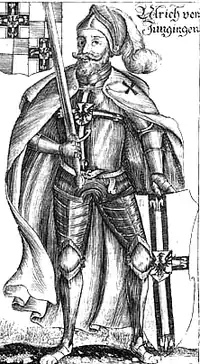 Ulrich von Jungingen, grand master of the Teutonic Order from 1407 to 1410 in a 17th century woodcut