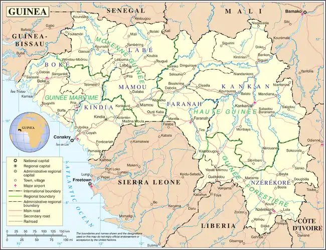 Image 6A map showing Guinea's cities and administrative divisions (from Guinea)