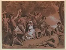 Startled looking scantily clad woman, surrounded by nude half-humans