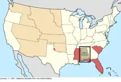 Map of the change to the United States in central North America on January 11, 1861