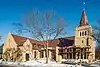 Unity Church exterior and main entrance. Stone building with bell tower